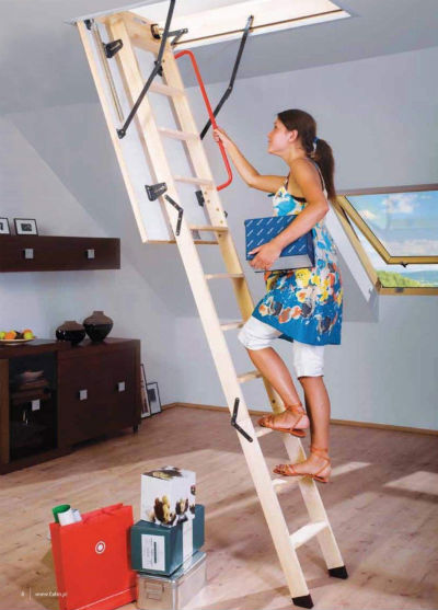 women-climbing-ladder-to-attic-carrying-box woman on attic ladder carrying small box